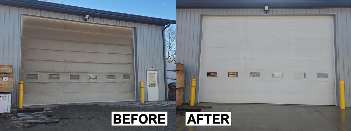 Before and after comparison showing a dirty industrial garage door cleaned to a bright, white finish.