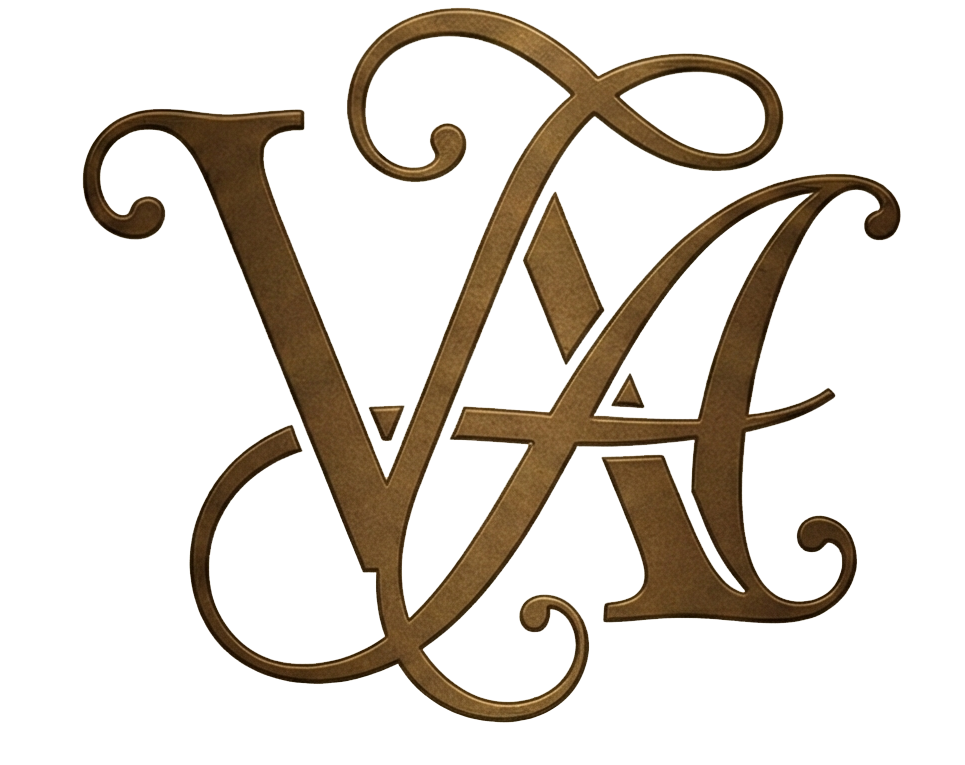 VA monogram in brown, ornate script.