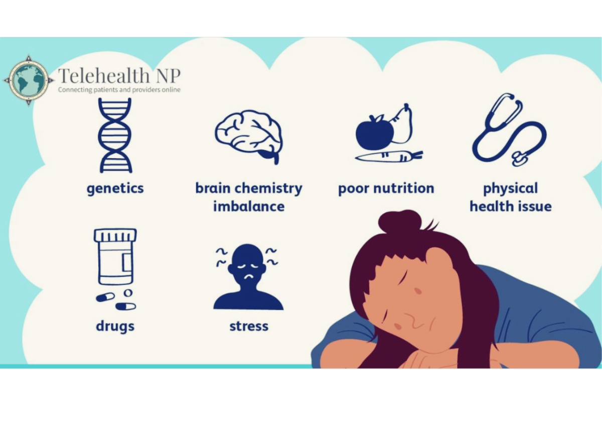 Infographic showing causes of poor mental health: genetics, brain chemistry, nutrition, health, drugs, and stress.