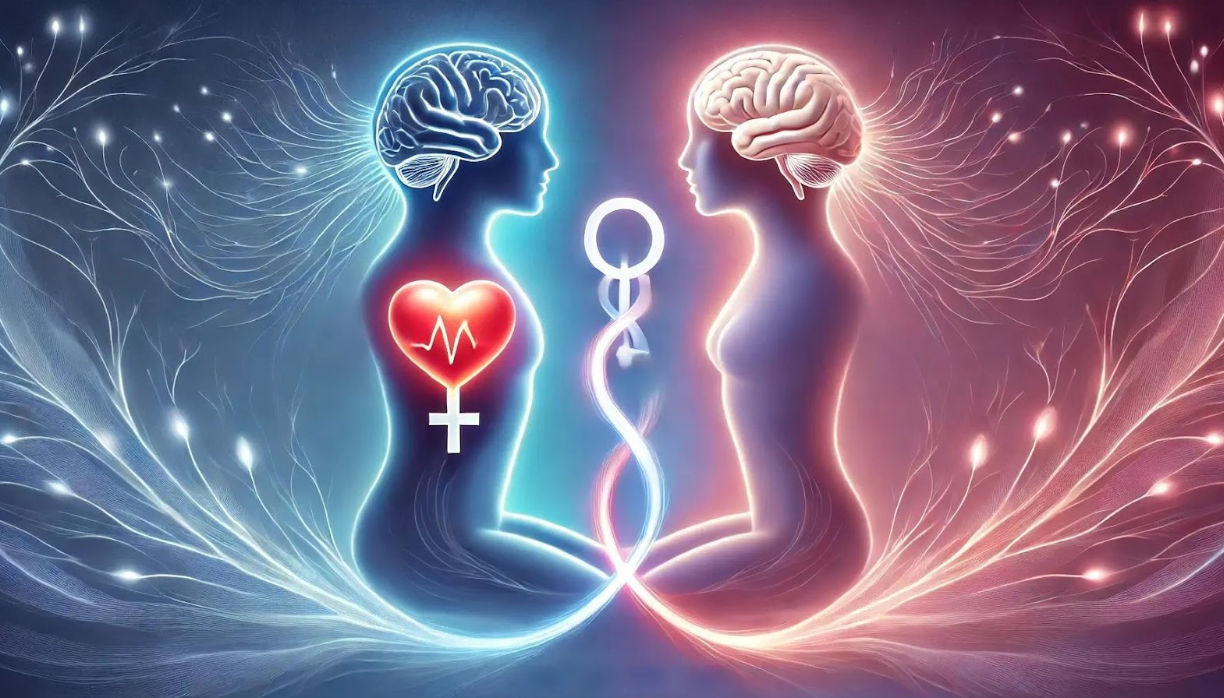 Two silhouetted figures with brains connected by a spiral, one with a heart symbol and female symbol. Glowing blue and red.