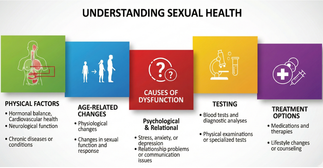 Infographic: Understanding sexual health, featuring physical factors, age-related changes, causes of dysfunction, testing, and treatment options.
