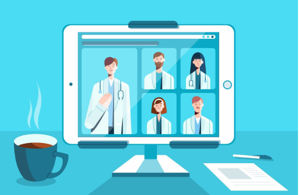 Tablet displaying a telehealth conference with five doctors, coffee cup, pen, and paper on a blue background.