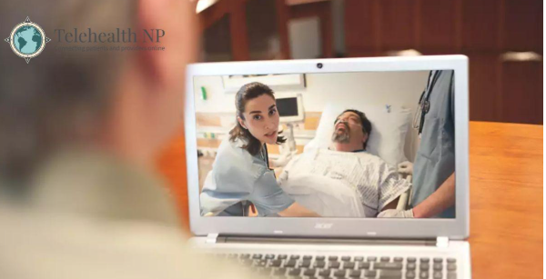 Person using a laptop for a telehealth consultation, watching a doctor examining a patient in a hospital bed.