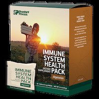 Box of Standard Process Immune System Health Pack with a person carrying a crate in a field at sunset.