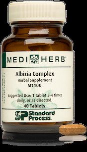 Bottle of MediHerb Albizia Complex herbal supplement tablets.