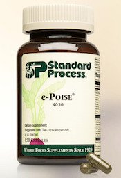 Brown bottle of Standard Process e-Poise supplements with two capsules in front. White label, brown capsules.