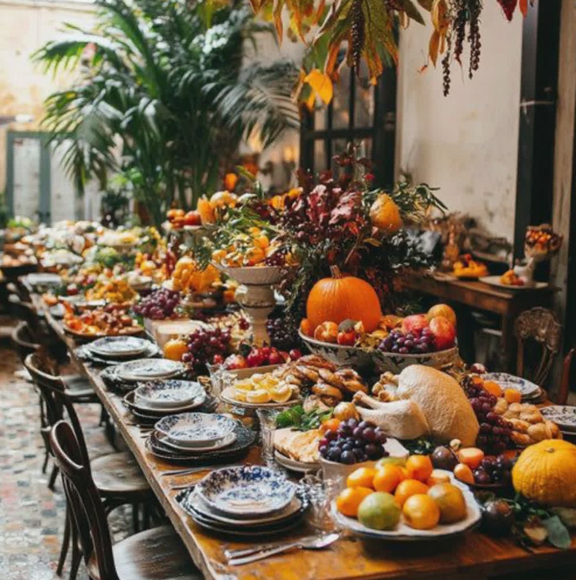 A long table filled with plates and bowls of fruit and vegetables