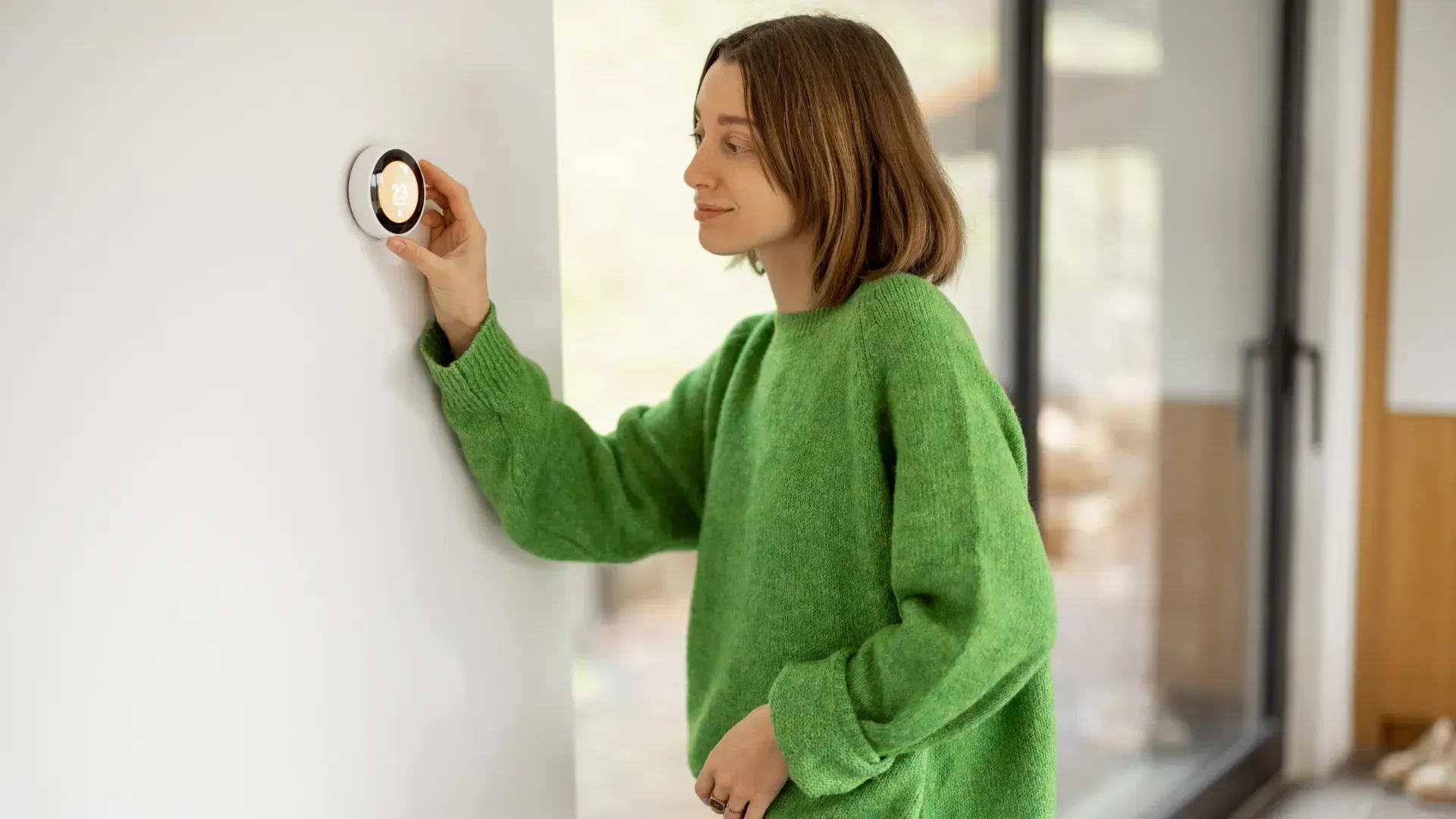 A woman in a green sweater is adjusting a thermostat on a wall.