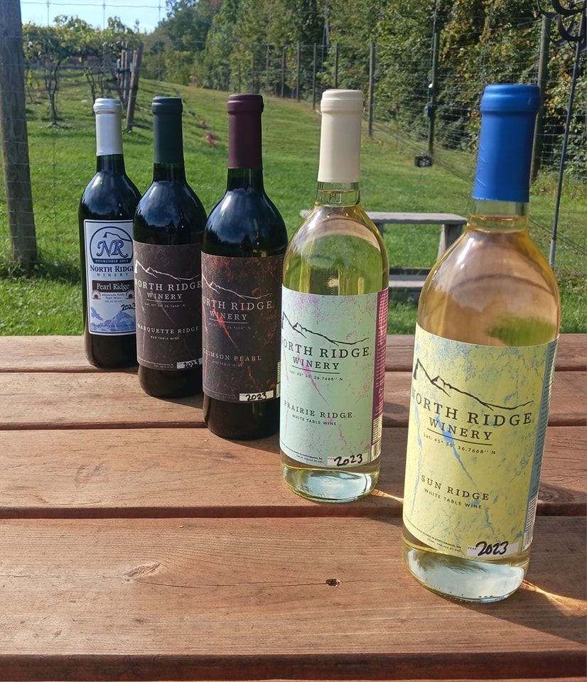 Five bottles of North Ridge Winery wine sit on a wooden table outdoors in a vineyard.
