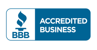 The bbb logo is blue and white and says accredited business.