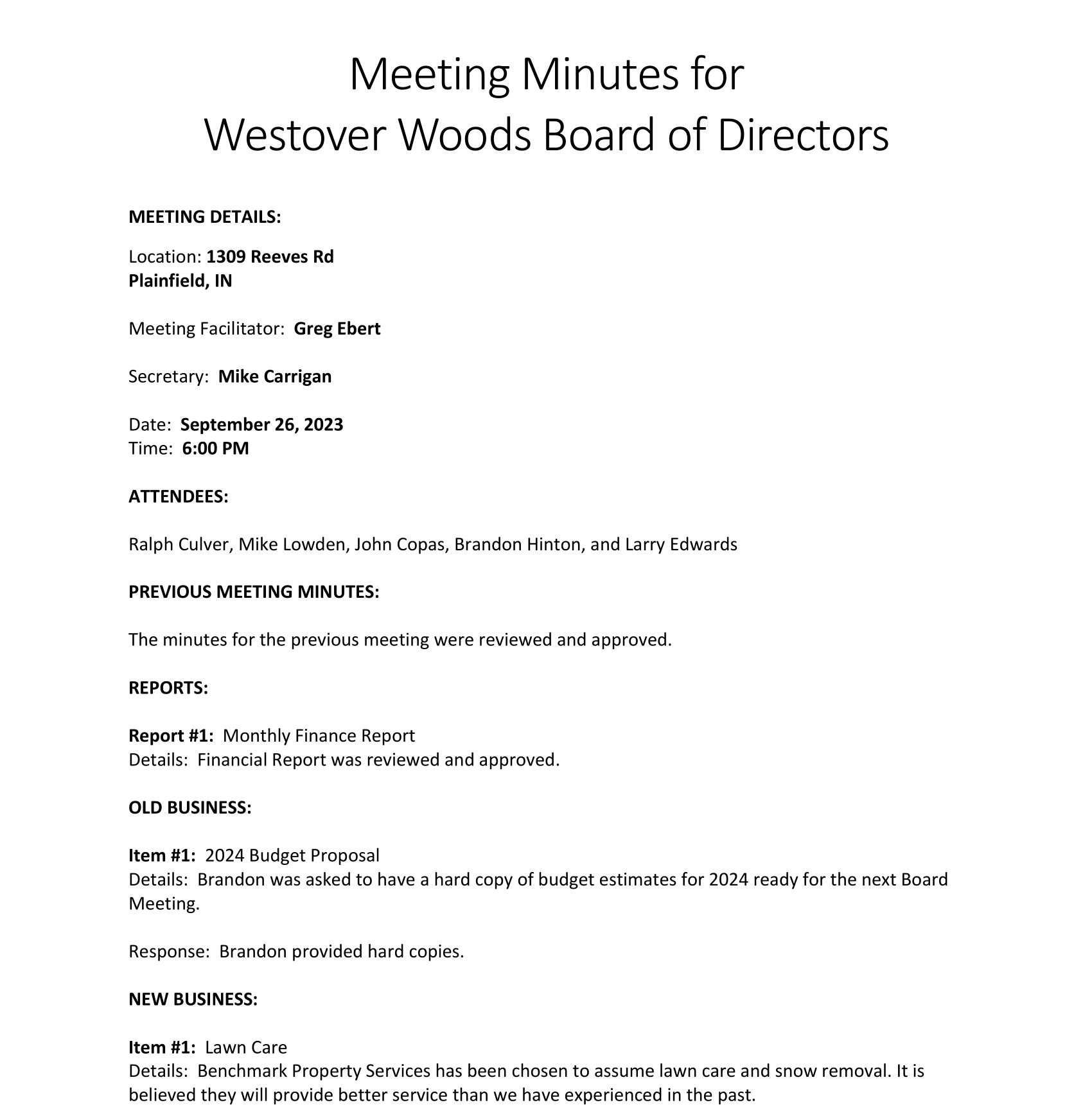 A meeting minutes for westover woods board of directors