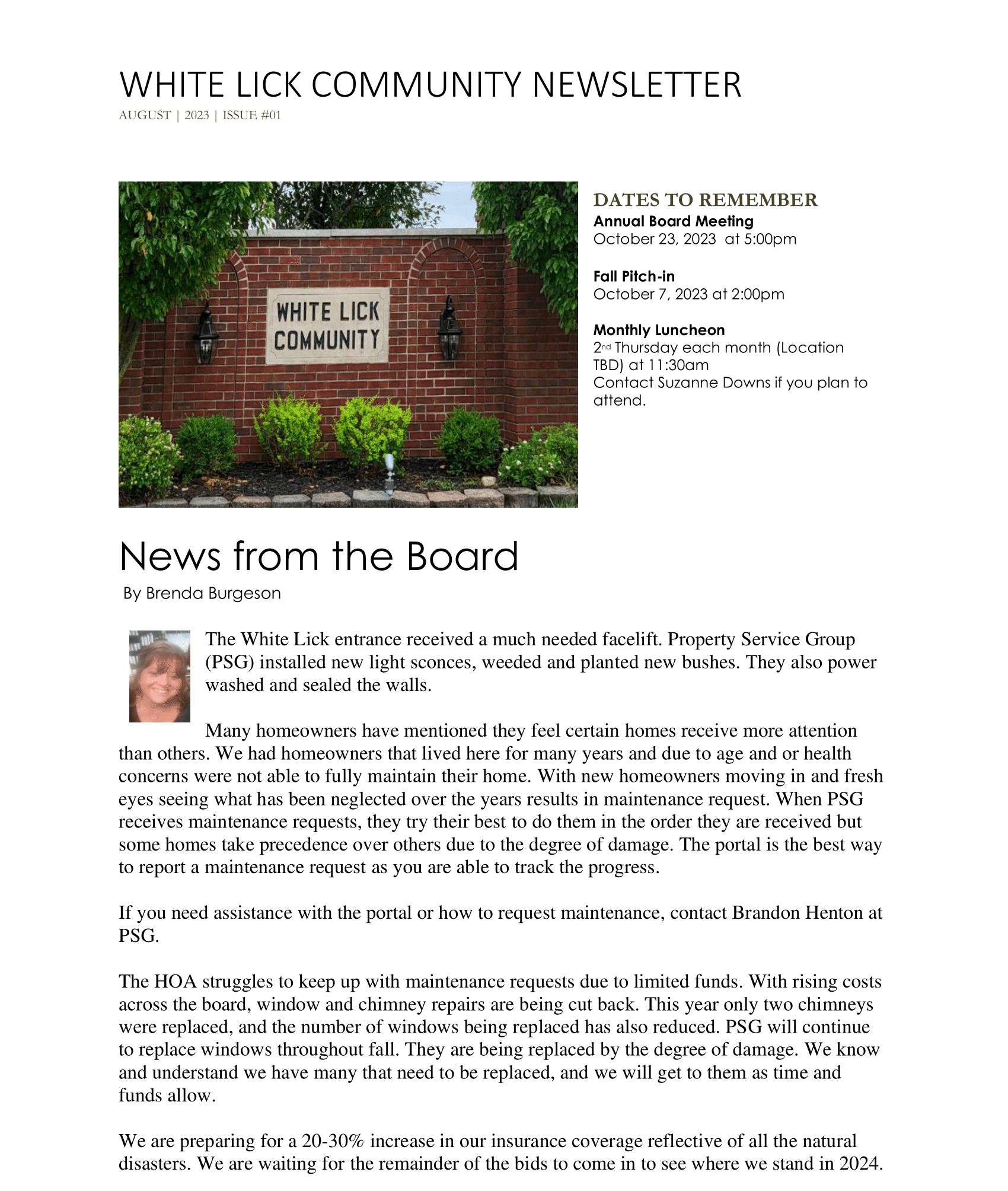 A white lick community newsletter with a picture of a brick wall.