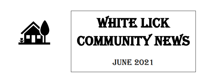 A white lick community news june 2021 banner with a house and trees.