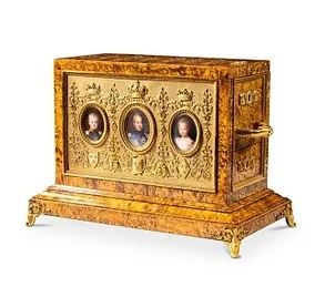 A Charles X gilt-bronze mounted elmwood and satinwood, ivory letter box