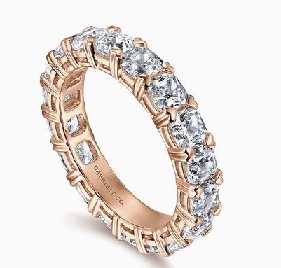  14K Rose Gold Cushion Cut Diamond Eternity Band with Heart Prongs - 4.06 ct