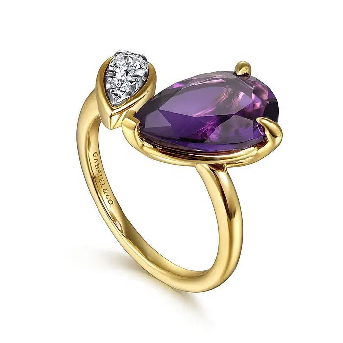  14K White Yellow Gold Diamond and Amethyst Open Ring	