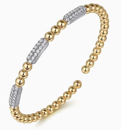  14K White and Yellow Gold Diamond Pave Three Station Bar Bujukan Beads Split Bangle Bracelet	