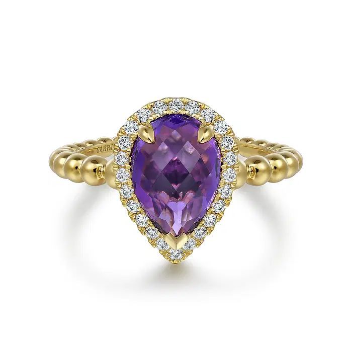  14K Yellow Gold Pear Shape Amethyst with Diamond Halo Ring	