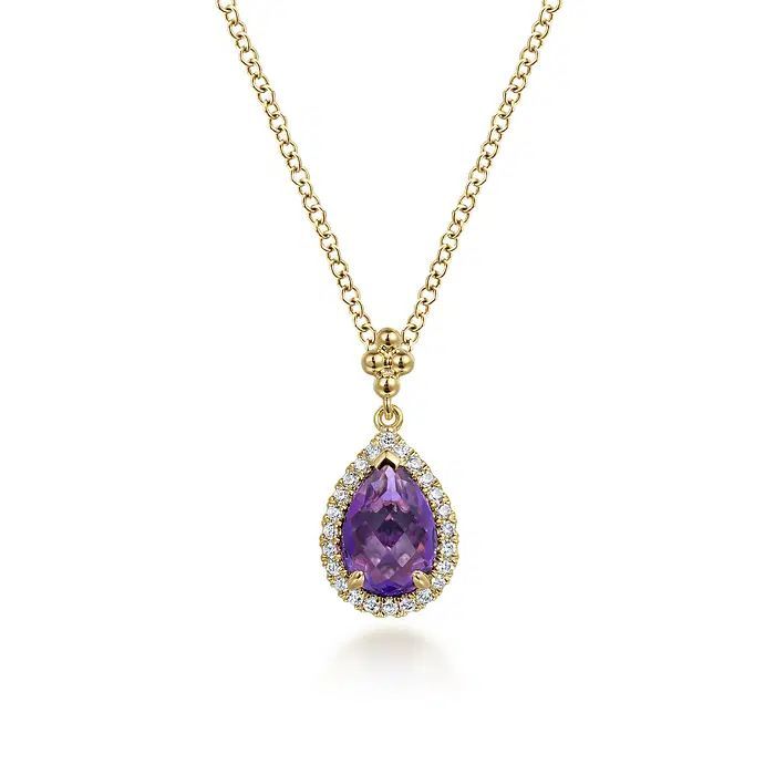  14K Yellow Gold Teardrop Amethyst with Diamond Halo Necklace	