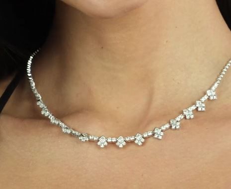  18K White Gold Princess and Round Diamond Necklace