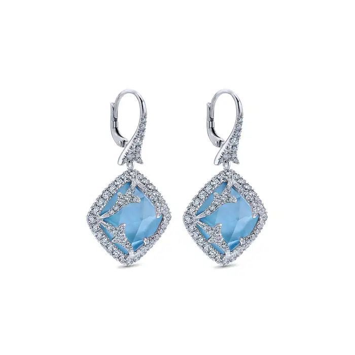 18K White Gold Rock Crystal MOP Turquoise Drop Earrings with Diamonds	