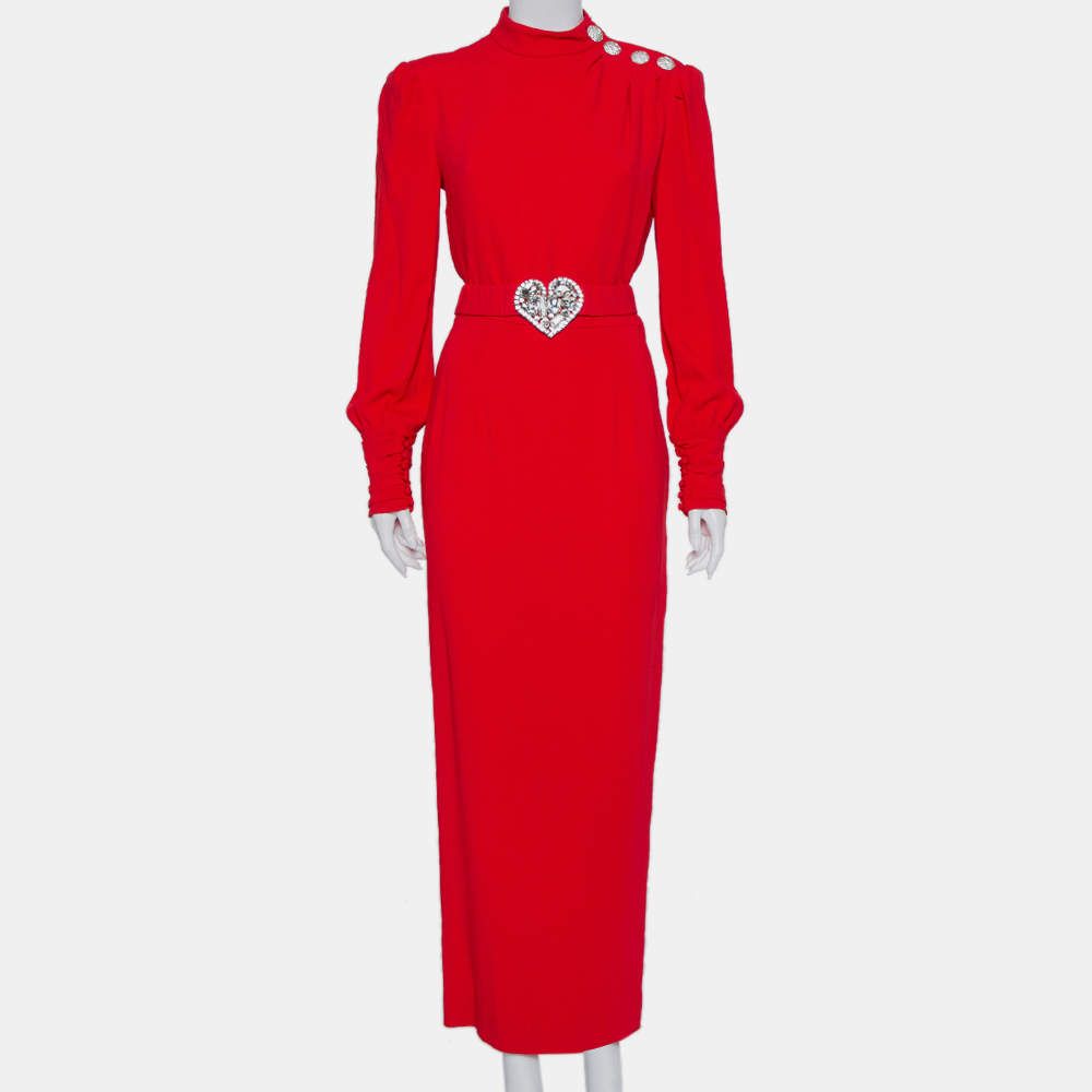 Alessandra Rich Red Crepe Embellished Button Belted Gown