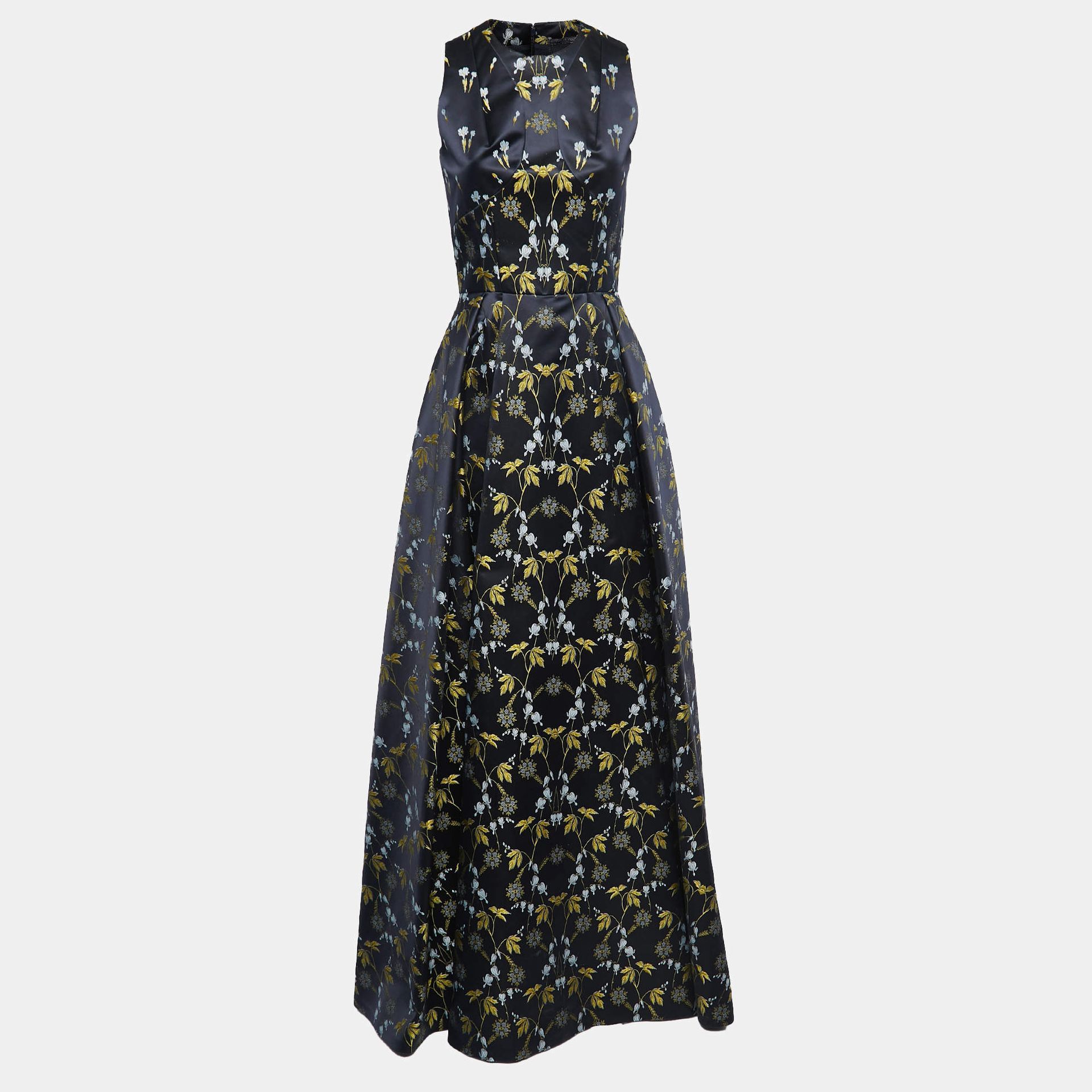 Alexander McQueen Navy Blue Floral Jacquard Sleeveless Gown