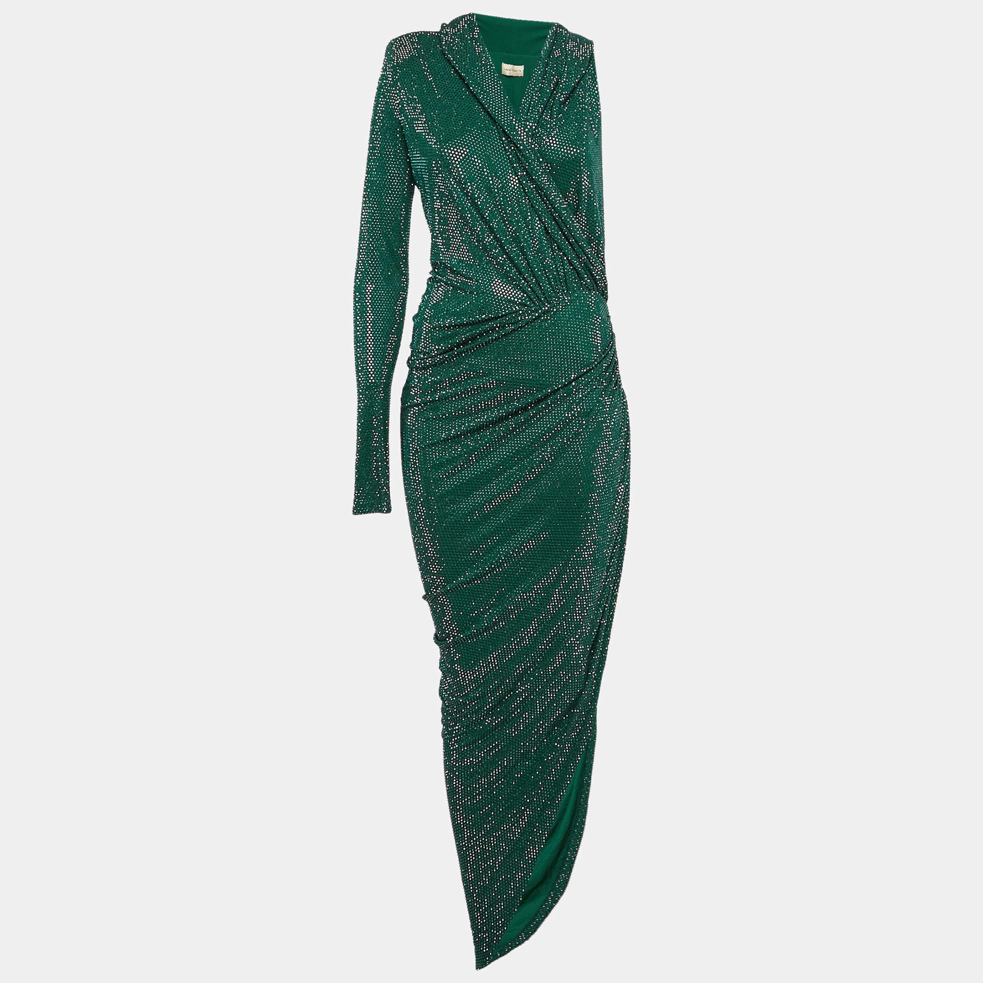 Alexandre Vauthier Green Crystallized Jersey Asymmetric Hooded Dress M