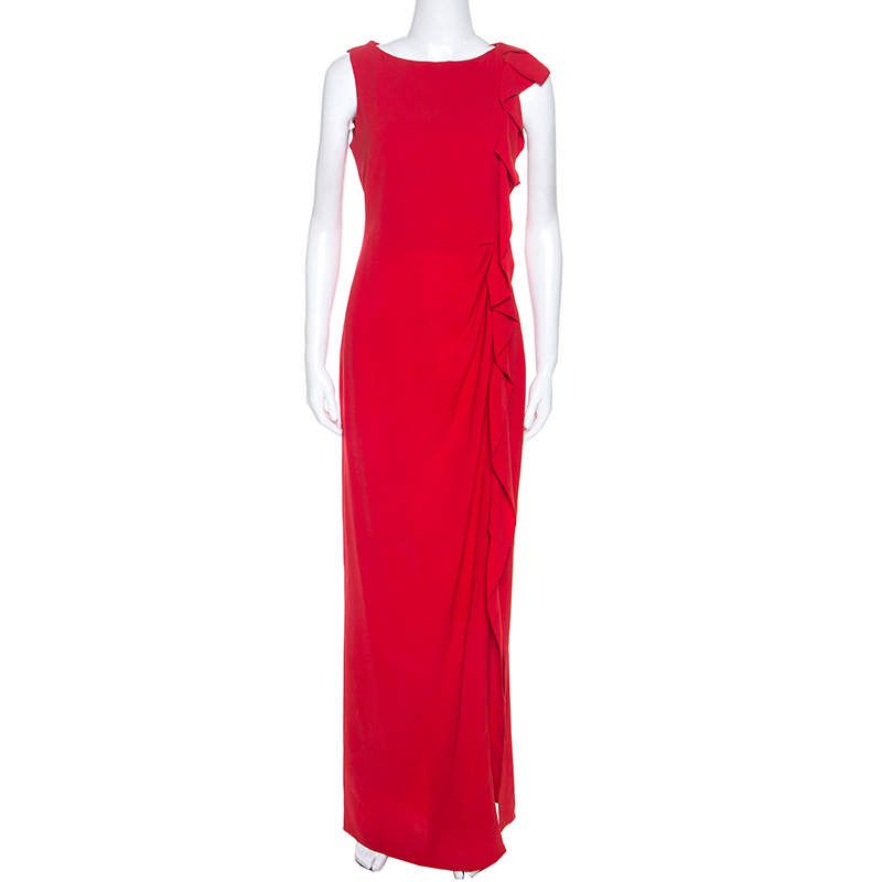 CH Carolina Herrera Red Crepe Ruffle Detail Sleeveless Maxi Dress