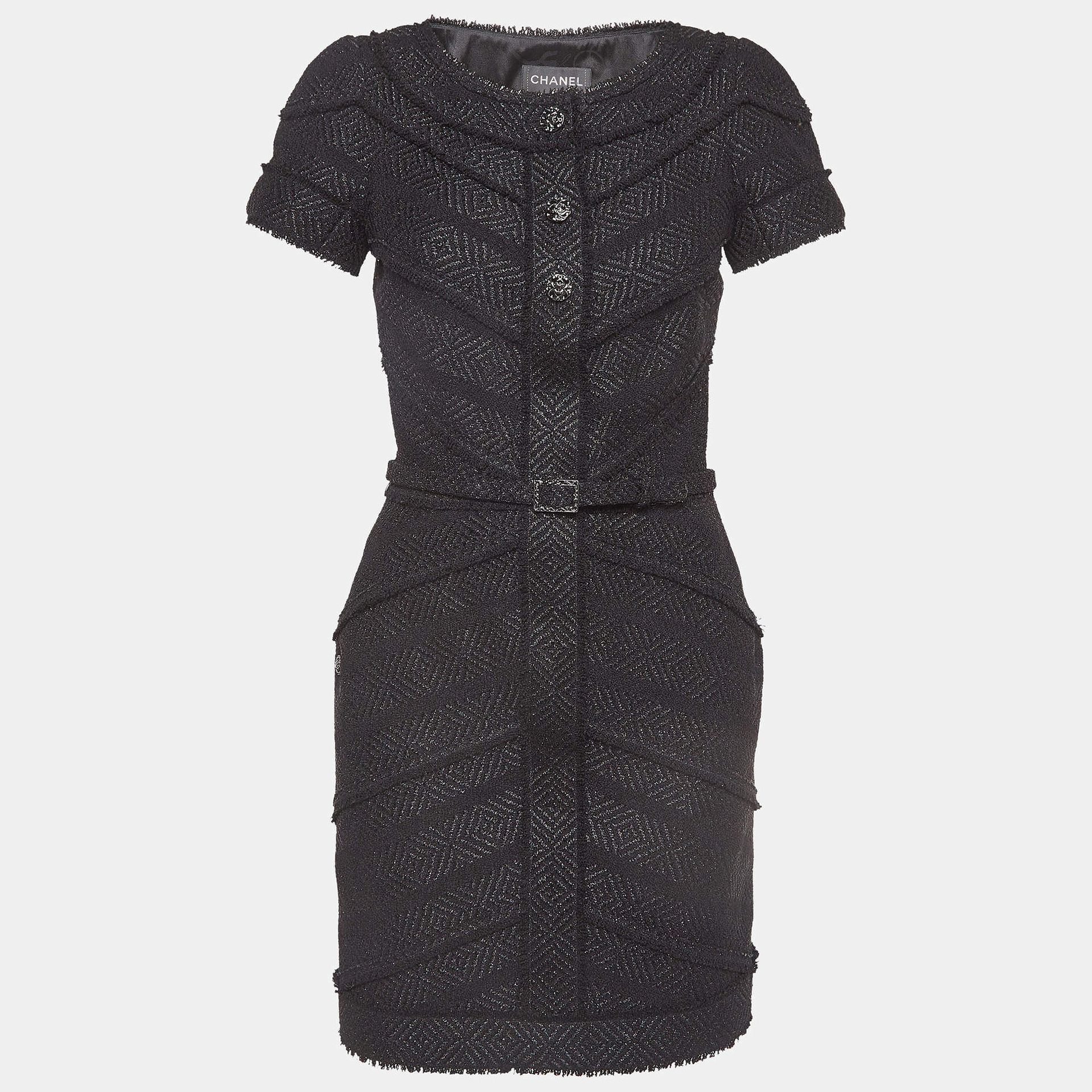 Chanel Black Lurex Tweed Jewel Buttons Detail Belted Mini Dress