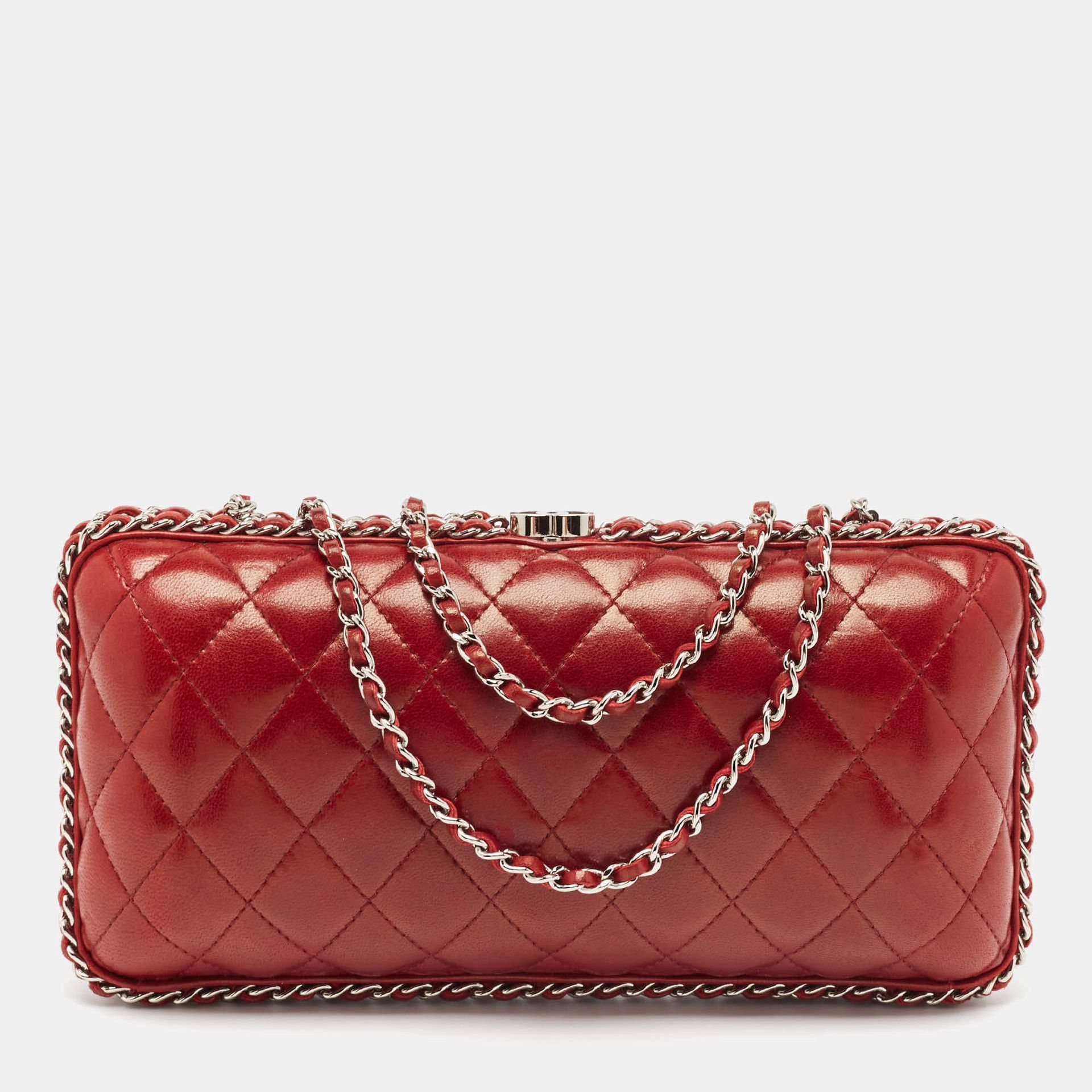 Chanel Red Quilted Leather Chain Around Clutch Bag