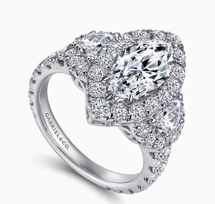  Eve - 14K White Gold Marquise Shape Three Stone Halo Diamond Engagement Ring