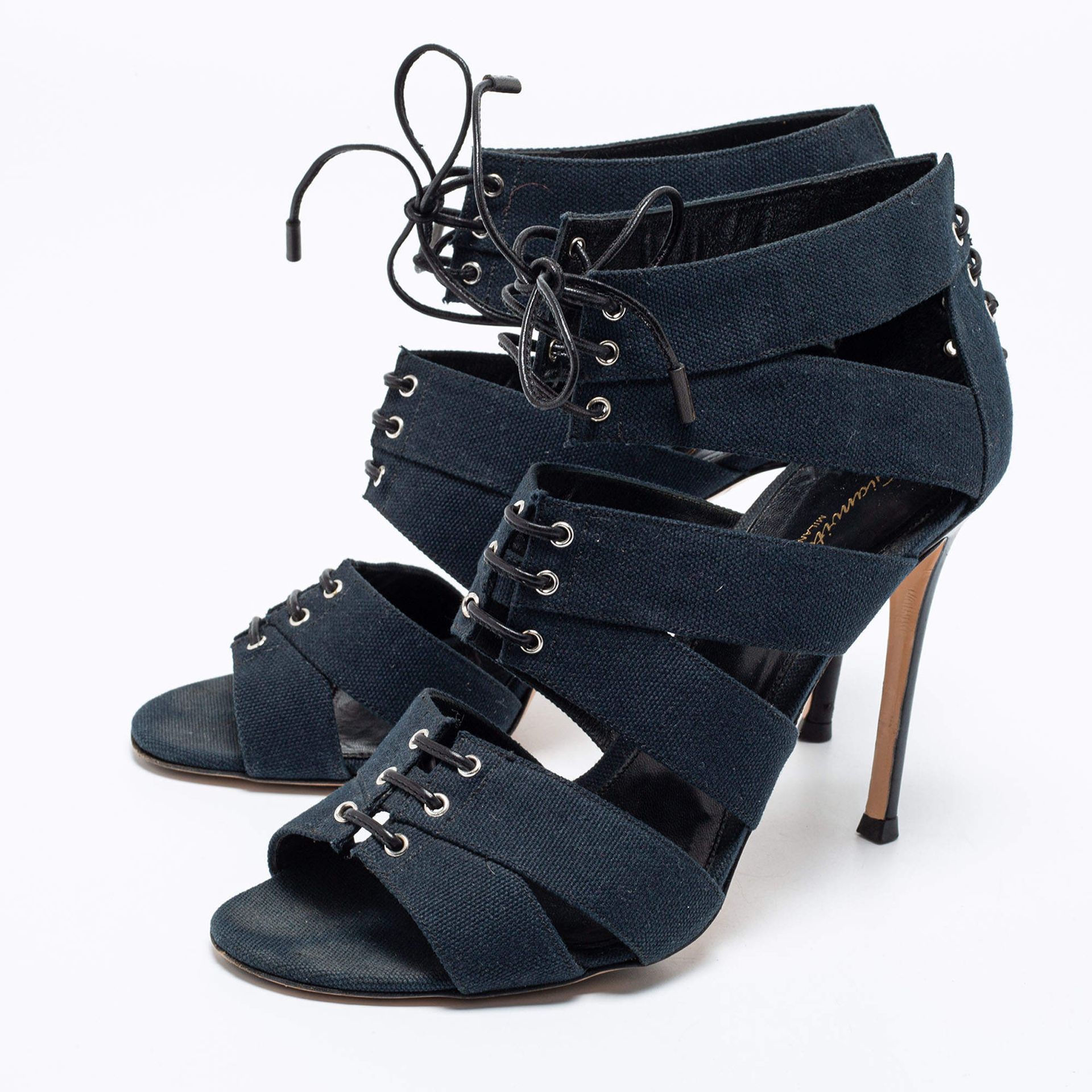 Gianvito Rossi Blue Canvas Lace Up Roxy Caged Sandals