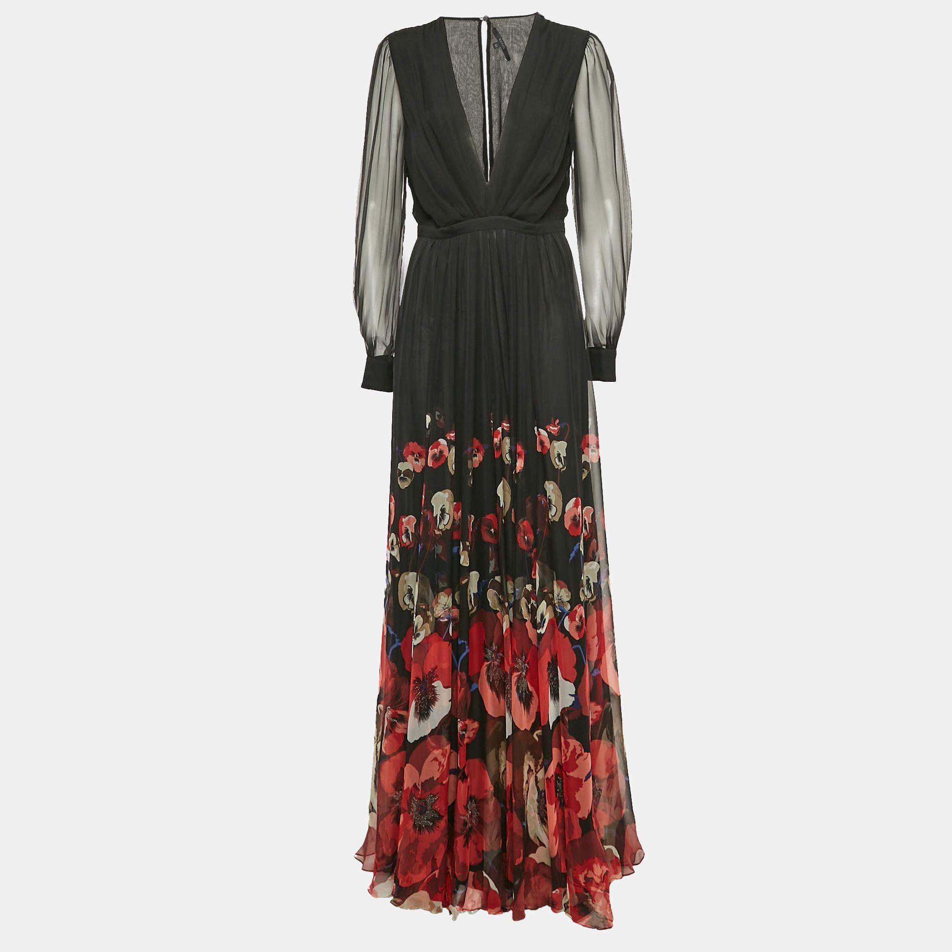 Gucci Black Floral Print Silk Plunging Neck Flared Gown