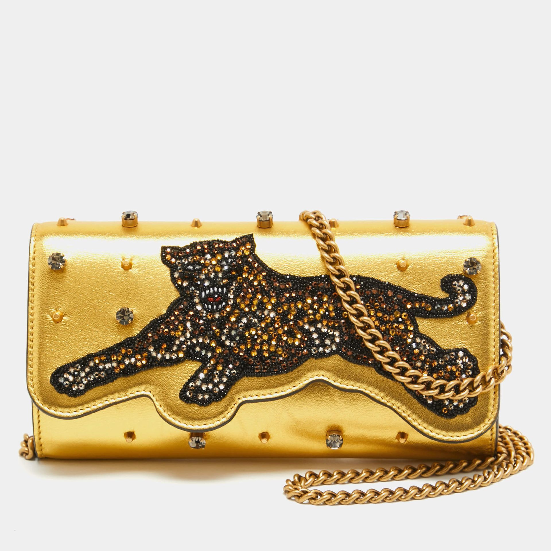 Gucci Gold Leather Embroidered Tiger Crystal Studded Chain Clutch