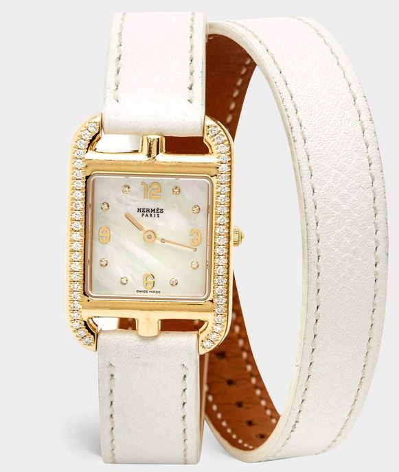 Hermes Mother Of Pearl Diamond 18K Yellow Gold Leather Cape Cod CC1.286 Women's Wristwatch 23 mm