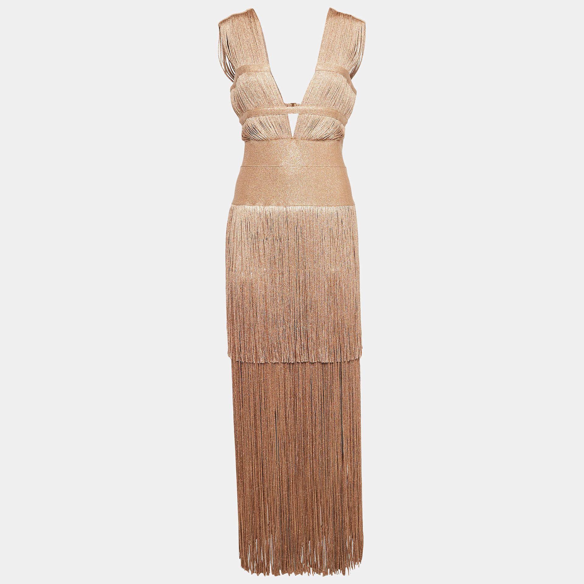 Herve Leger Metallic Lurex Knit Fringed Bodycon Evening Gown