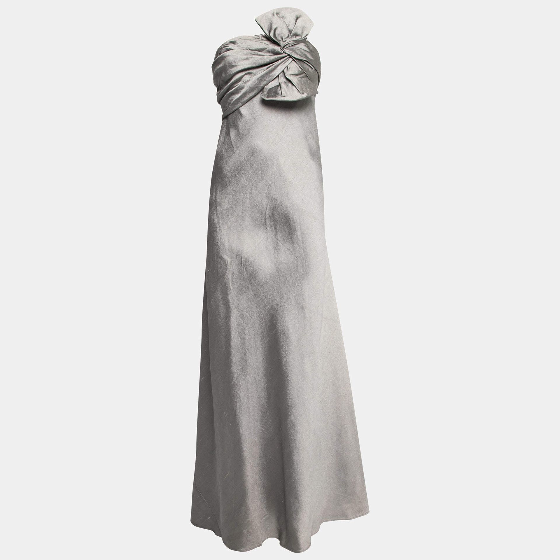 J Mendel Grey Silk Blend Strapless Front Bow Detail Gown 