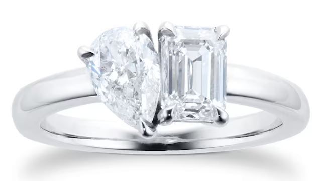  Platinum 1.6ct Pear & Emerald Cut Diamond Toi Et Moi Engagement Ring 