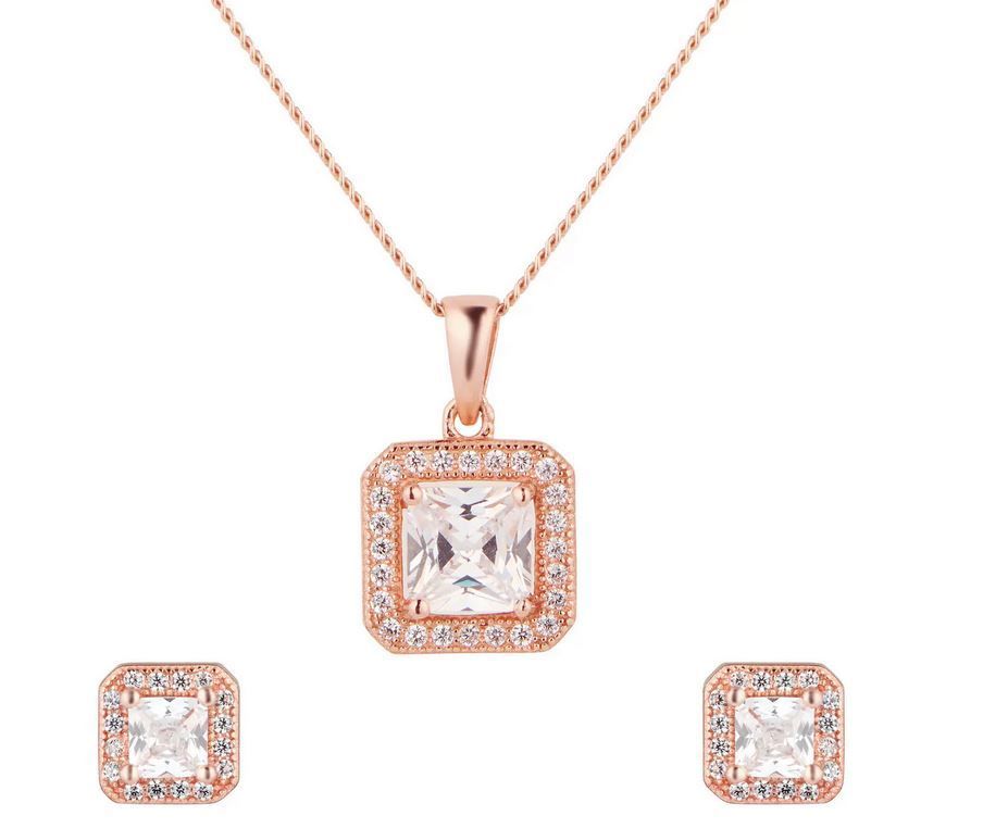  Rose Gold Plated Silver Cushion Cubic Zirconia Necklace & Earrings Set 