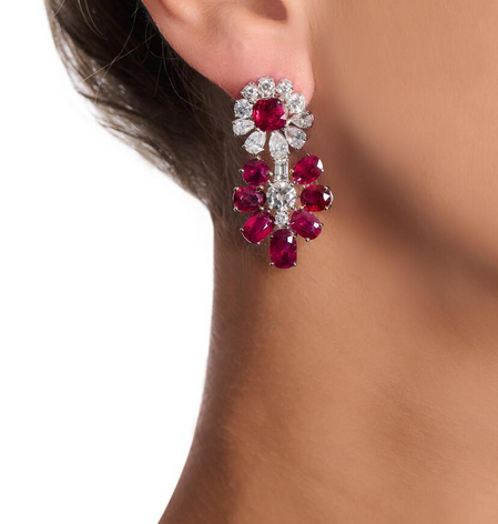 Pair of ruby and diamond pendent earrings