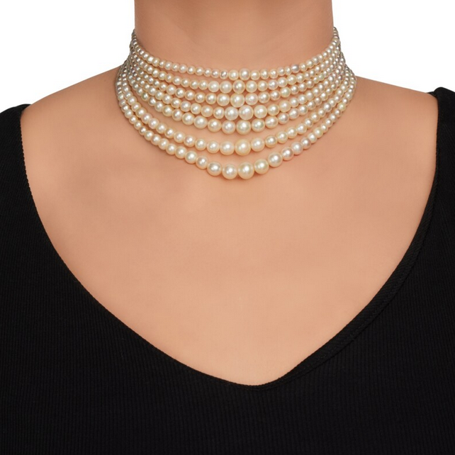 Seven-row pearl and diamond necklace