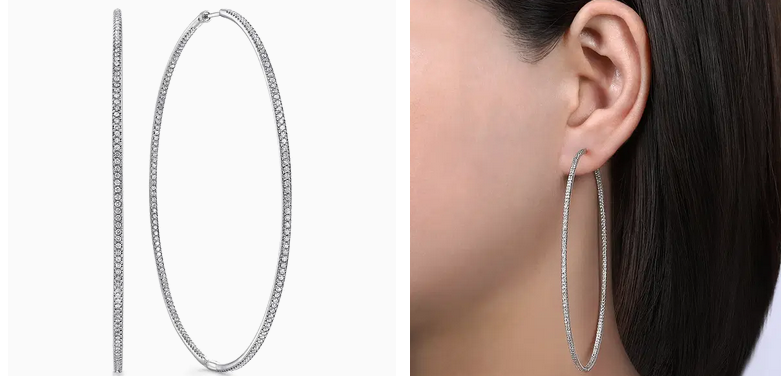  14K White Gold 80mm Round Inside Out Diamond Hoop Earrings	
