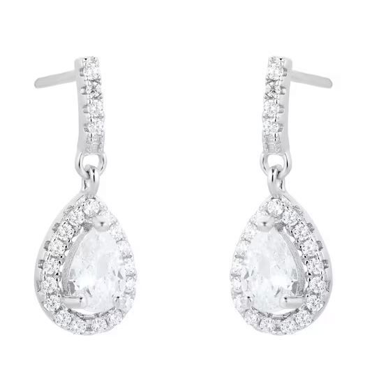  Silver Cubic Zirconia Halo Pear Drop Earrings 