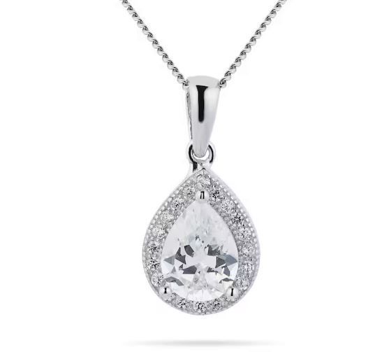  Silver Cubic Zirconia Pear Halo Pendant 