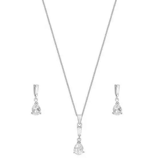 Silver Cubic Zirconia Pear Pendant & Drop Earrings Set 