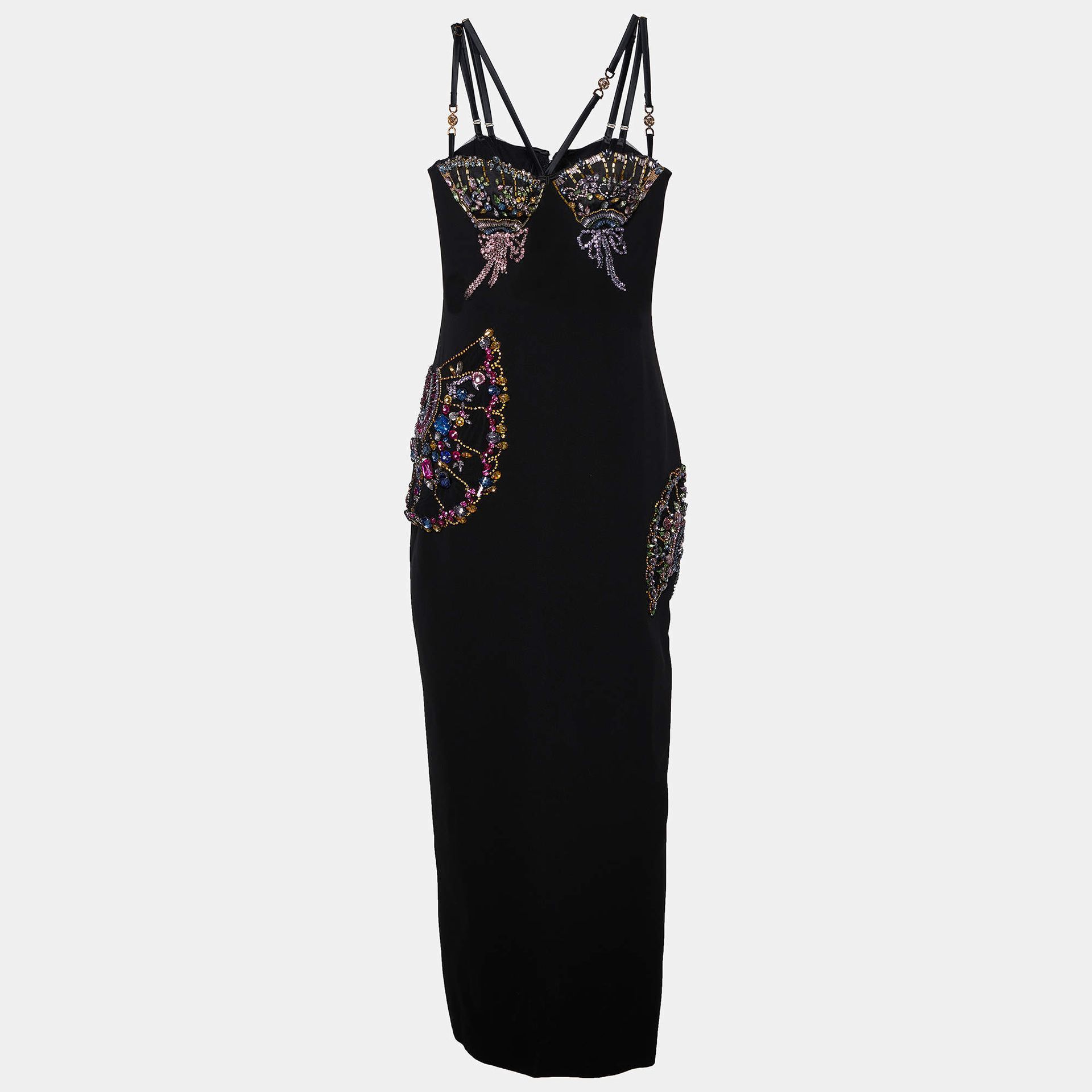 Versace Black Silk Crepe Crystal Embellished Strap Gown