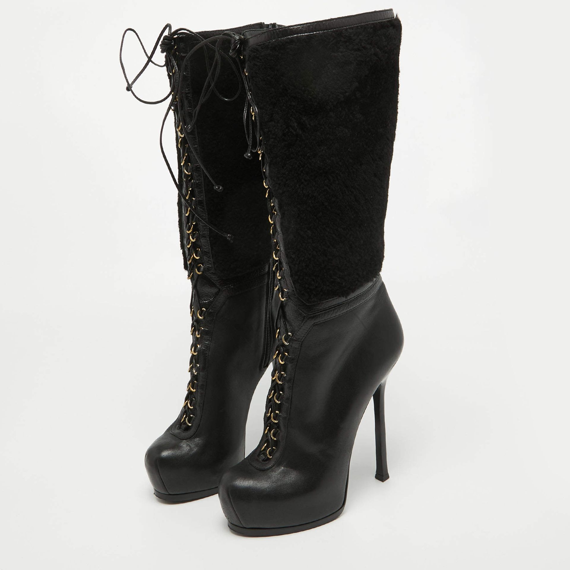 Yves Saint Laurent Black Leather and Wool Platform Mid Calf Boots 