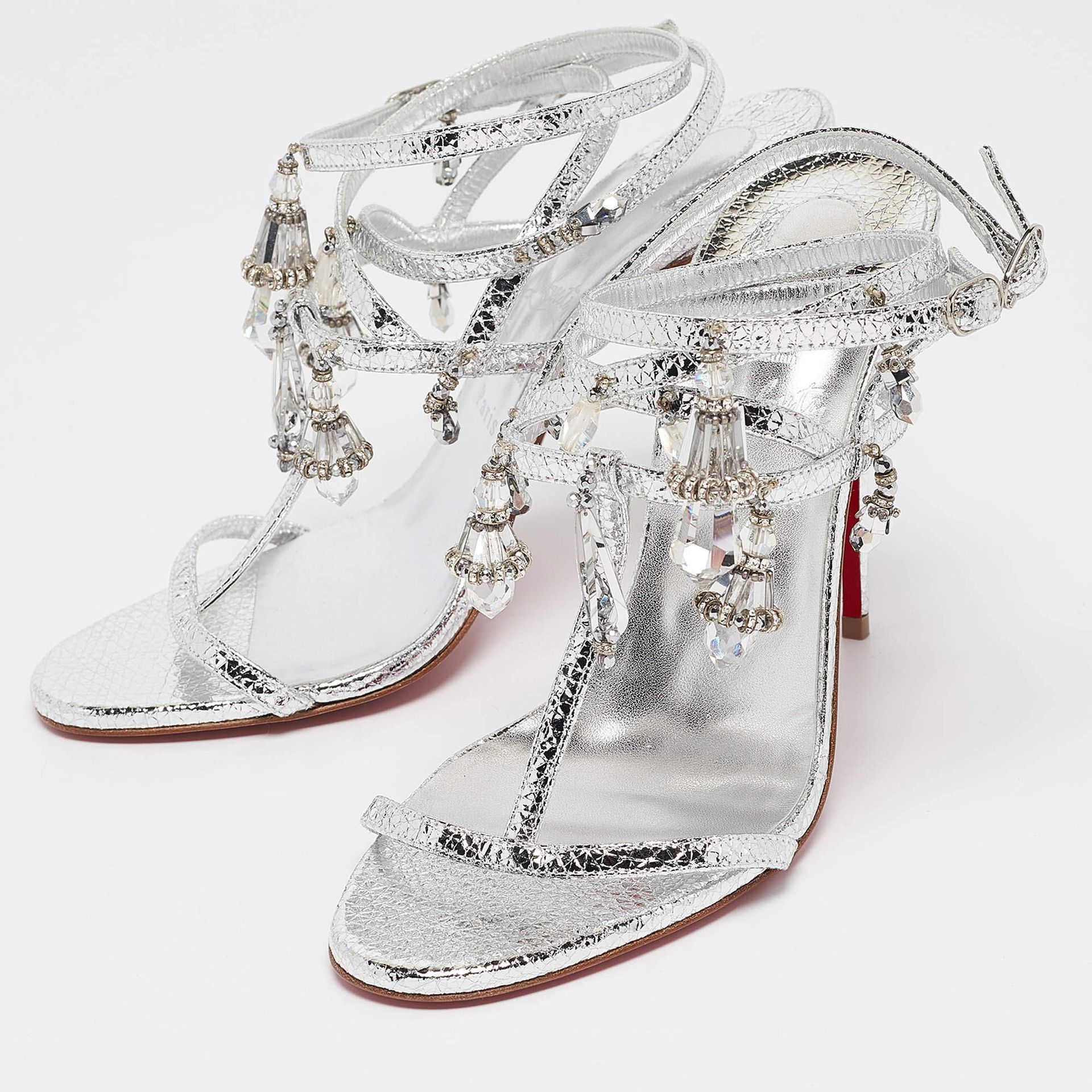 Christian Louboutin Silver Leather Bombina Pampila Ankle Strap Sandals Size