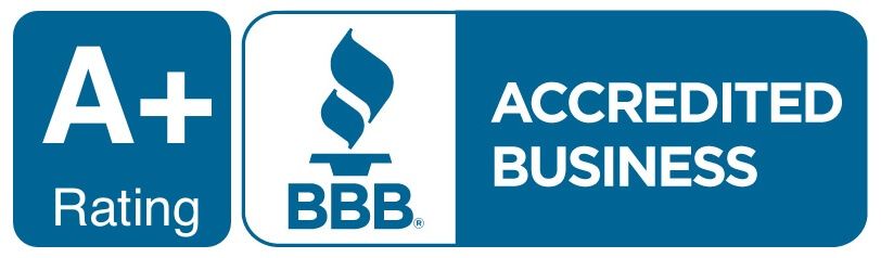 BBB Accredited Business logo with an A+ rating on a blue background.